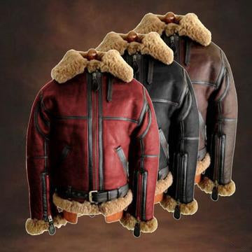 Shawbest-Mens Fleece Fur Collar Motorcycle Jacket