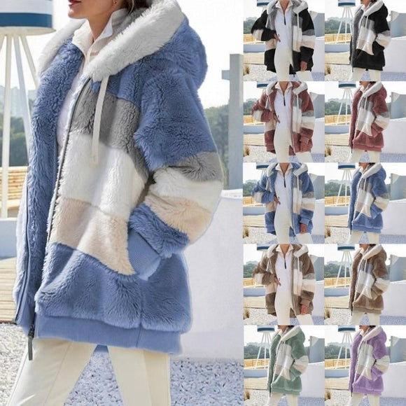 Shawbest-Women Warm Plush Hooded Loose Coat