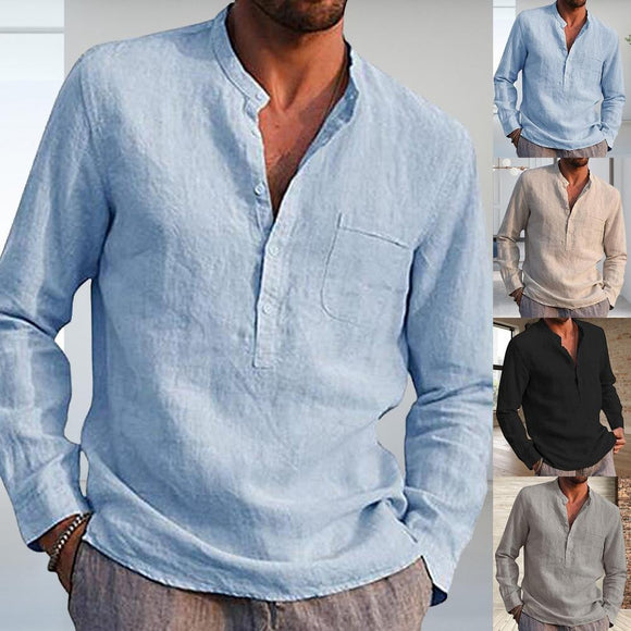 Shawbest-Men Casual Solid Color V Neck Shirts