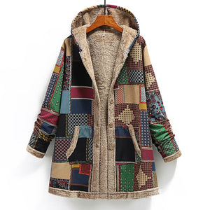 Shawbest-Women Warm Printing Thick Fleece Hooded Long Jacket