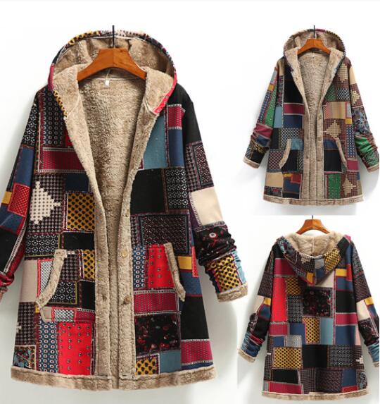 Shawbest-Women Warm Printing Thick Fleece Hooded Long Jacket