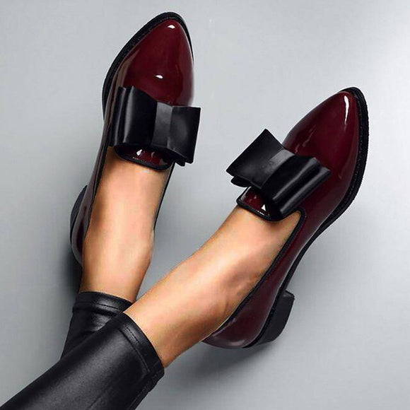 Shawbest-Fashion Women Patent Leather Bowtie Loafers