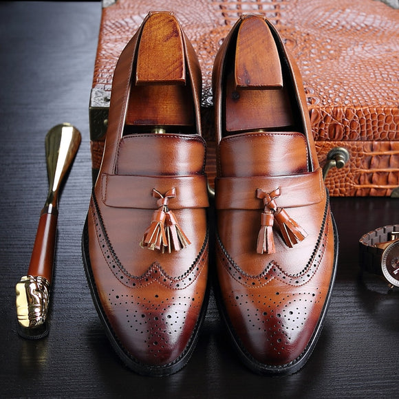 Shawbest-Men Vintage Leather Tassel Loafers