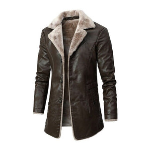 Shawbest-Men Long Fleece Leather Jacket