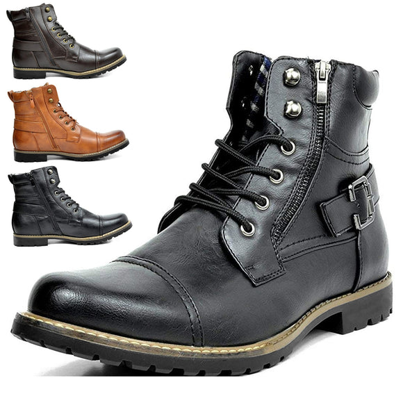 Shawbest-Men Leather Vintage Motorcycle Boots
