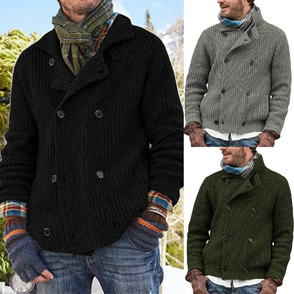 Shawbest-Men Solid Double Breasted Lapel Sweater