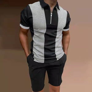 Shawbest-Men Zipper Polo Shirt Short Sleeve Suit