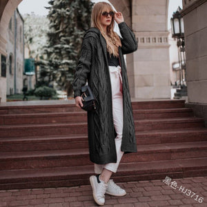 New Style Solid Color Hooded Long Loose Cardigan