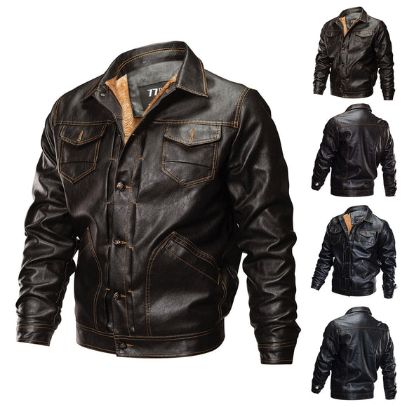 Shawbest-Winter Men Warm Thick Fleece Leather Jacket