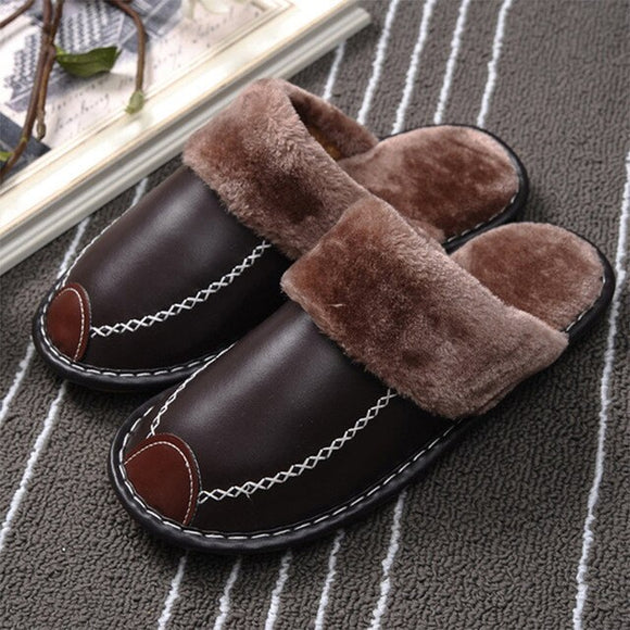 Shawbest-Couple Comfy Leather Waterproof Warm Slippers