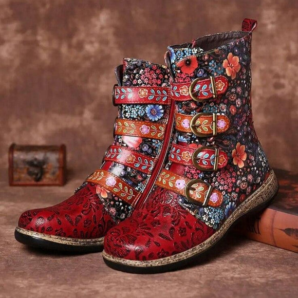 Shawbest-Women Retro Printed Leather Boots