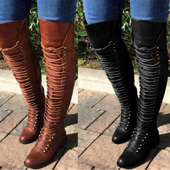 Shawbest-New Women's Lace Up Over Knee High Boots