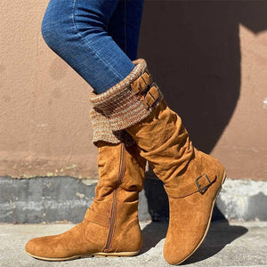 Shawbest-Women Buckle Decor Suede Warm Knee Boots